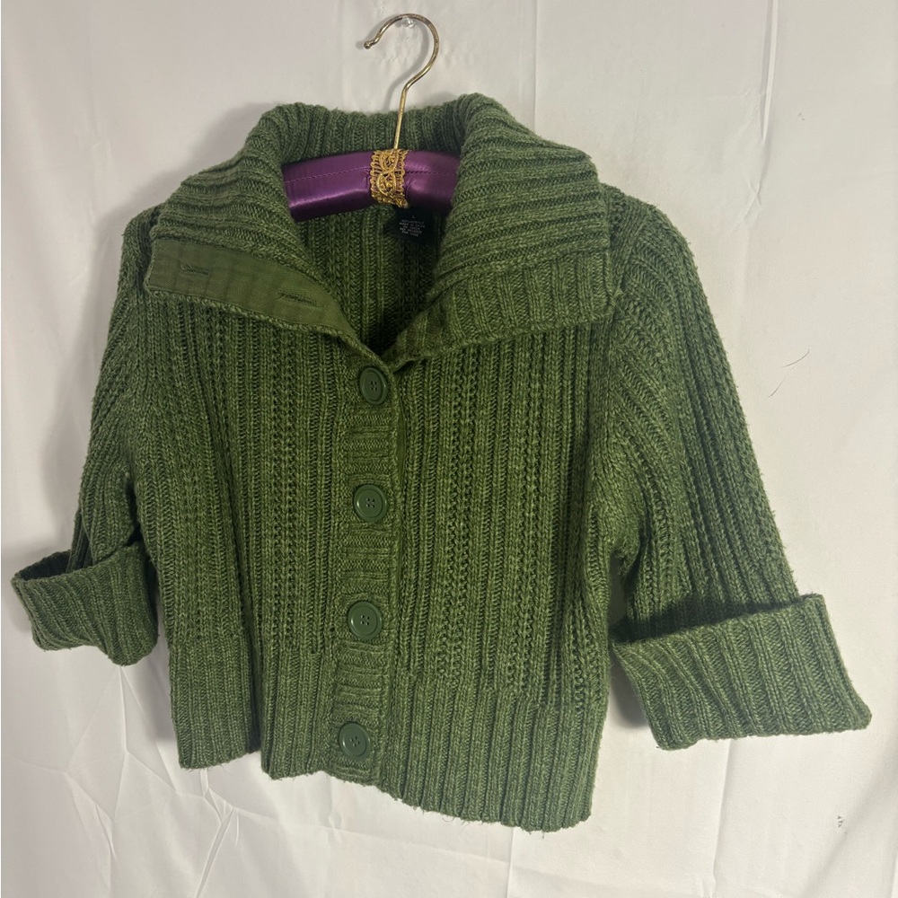 Y2K Chunky Green Cable Knit Collared Crop 3/4 Sleeve Sweater Size L - Picture 9 of 16